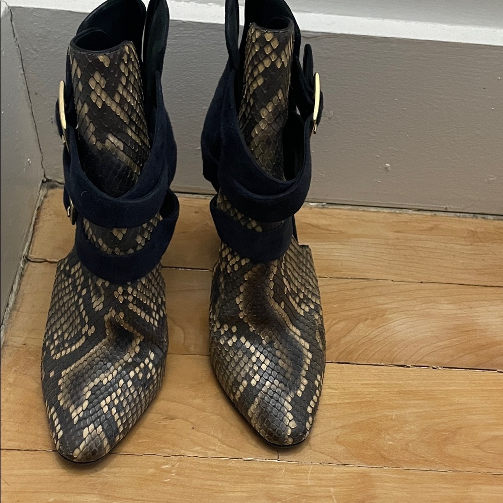 Tamara Mellon Black and Tan Snakeskin Ankle Boots *